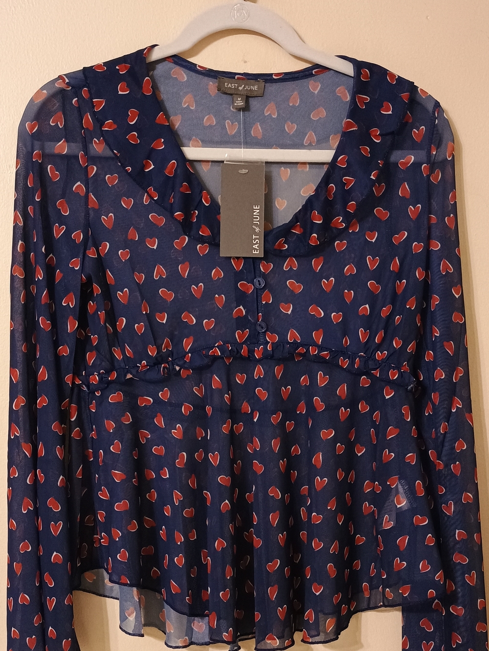 East of June Heart Print Ruffle V Neck Babydoll Blouse Flare Sleeves Size Med